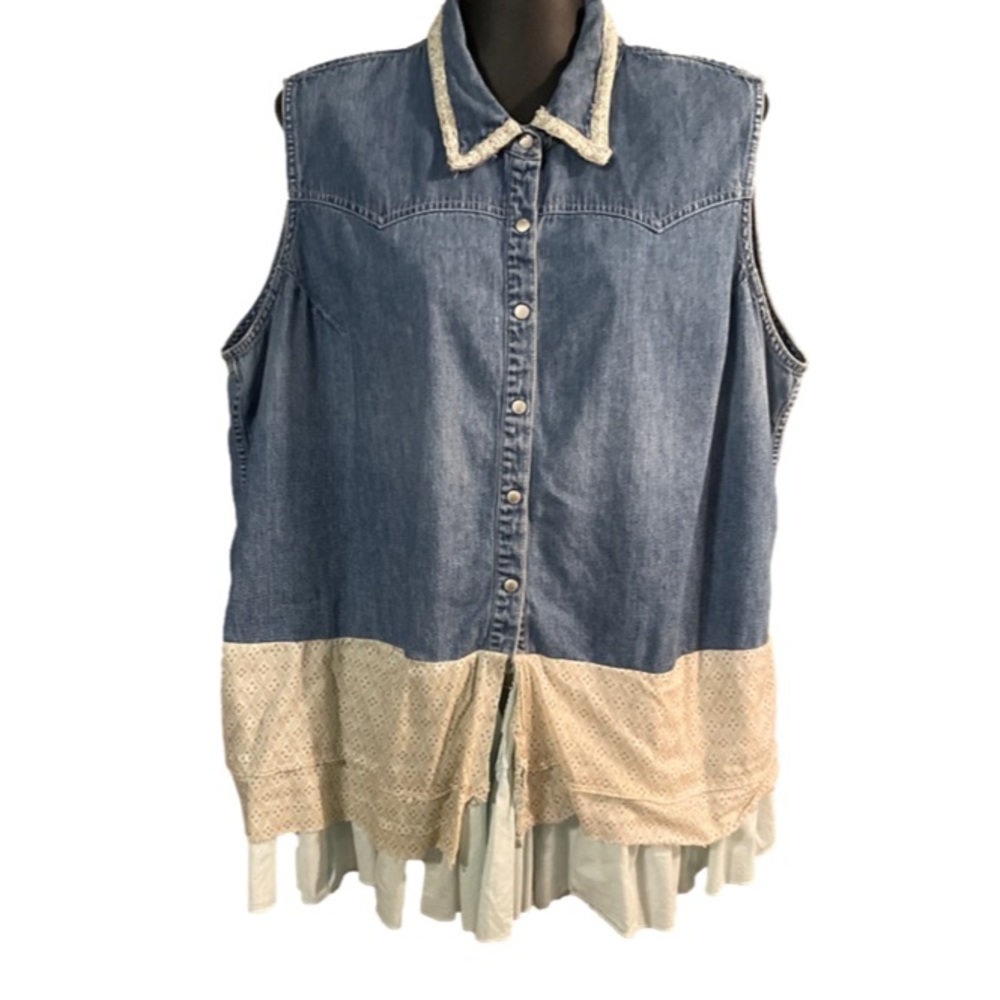 2X Mountain Lake II sleeveless snap front blue denim gingham fringe Boho tunic